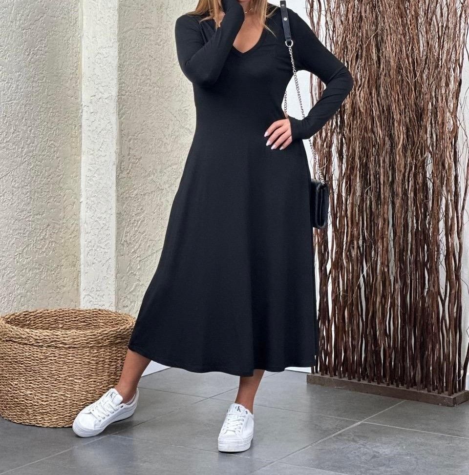 VİSKON KOLLU V YAKA ELBİSE