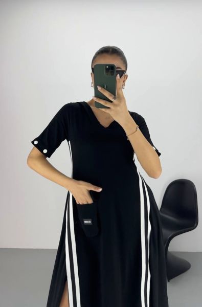İTHAL KOL DETAYLI ŞERİTLİ ELBİSE