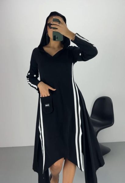 İTHAL KOL DETAYLI ŞERİTLİ ELBİSE