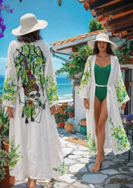 PAMUKLU İŞLEMELİ KIMONO