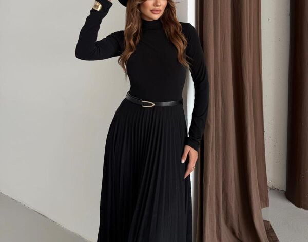 PİLE DETAYLI MAXİ BOY ELBİSE