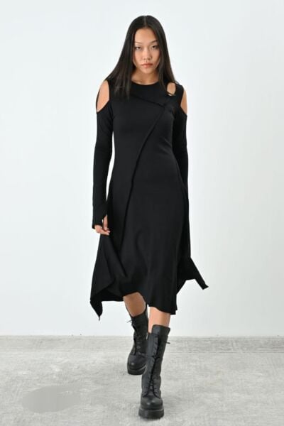 KOL DETAYLI ASIMETRİK İTHAL ELBISE