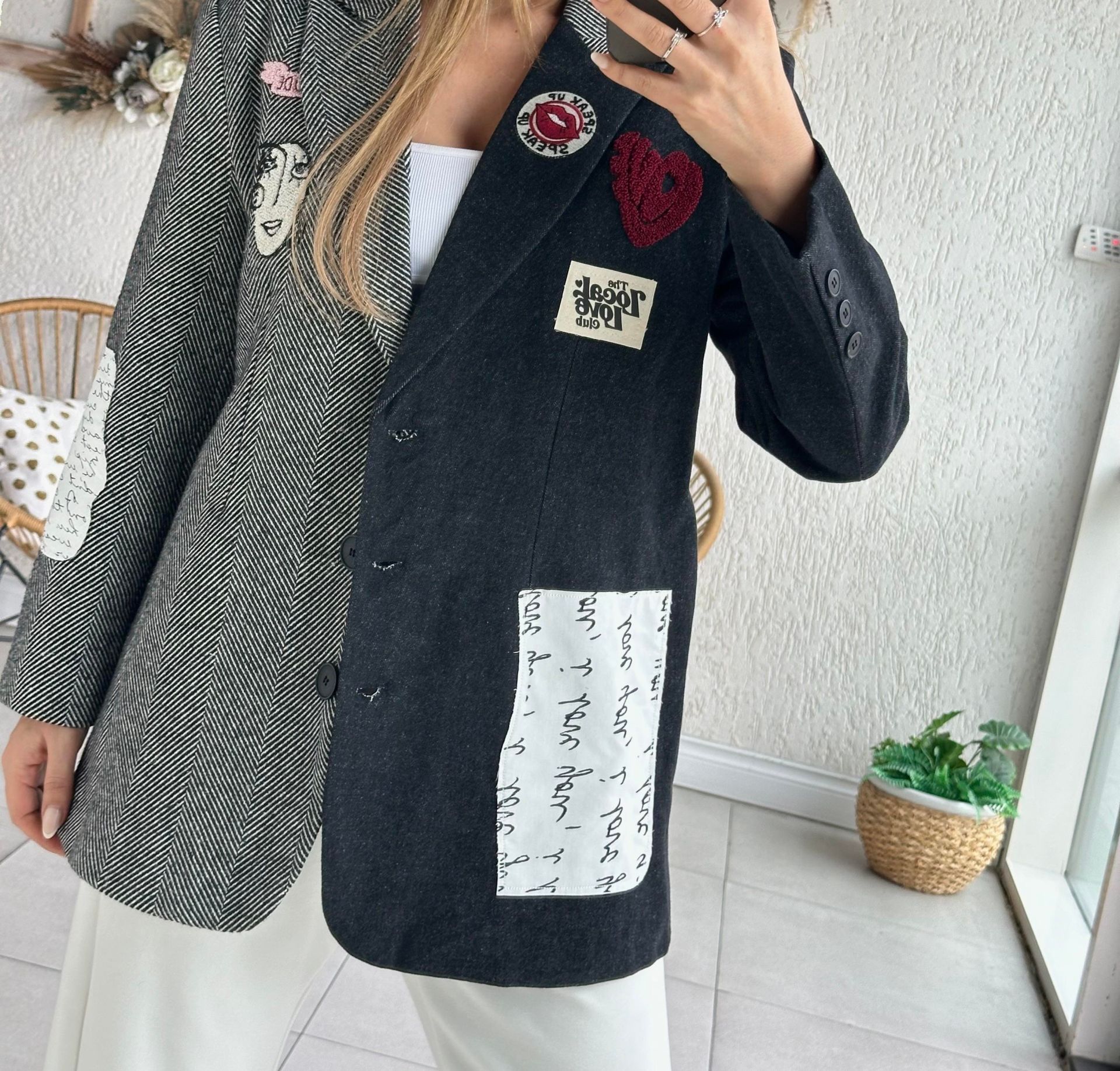GRİ LACİVERT ARMALI KAŞE BLAZER CEKET