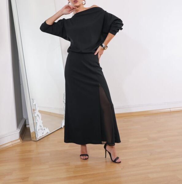 SCUBA KREP KUMAŞ YIRTMAÇ DETAYLI ELBİSE