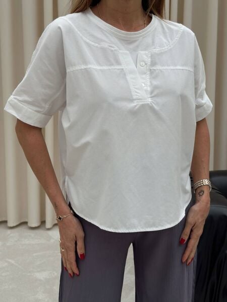 POPLIN KUMAŞ DETAYLI  T-SHİRT