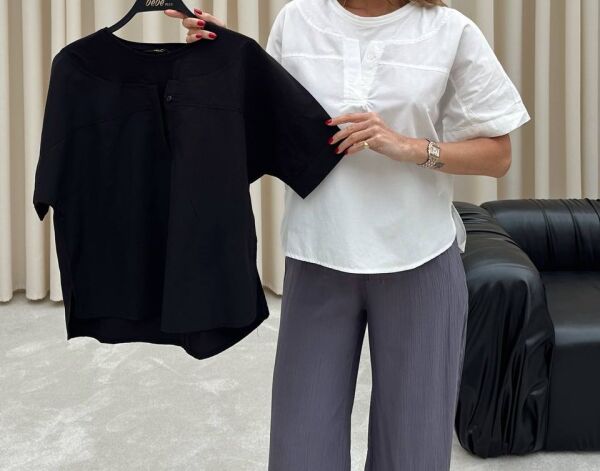 POPLIN KUMAŞ DETAYLI  T-SHİRT