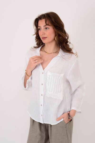 KETEN İŞLEMELİ SIRT DETAYLI GÖMLEK