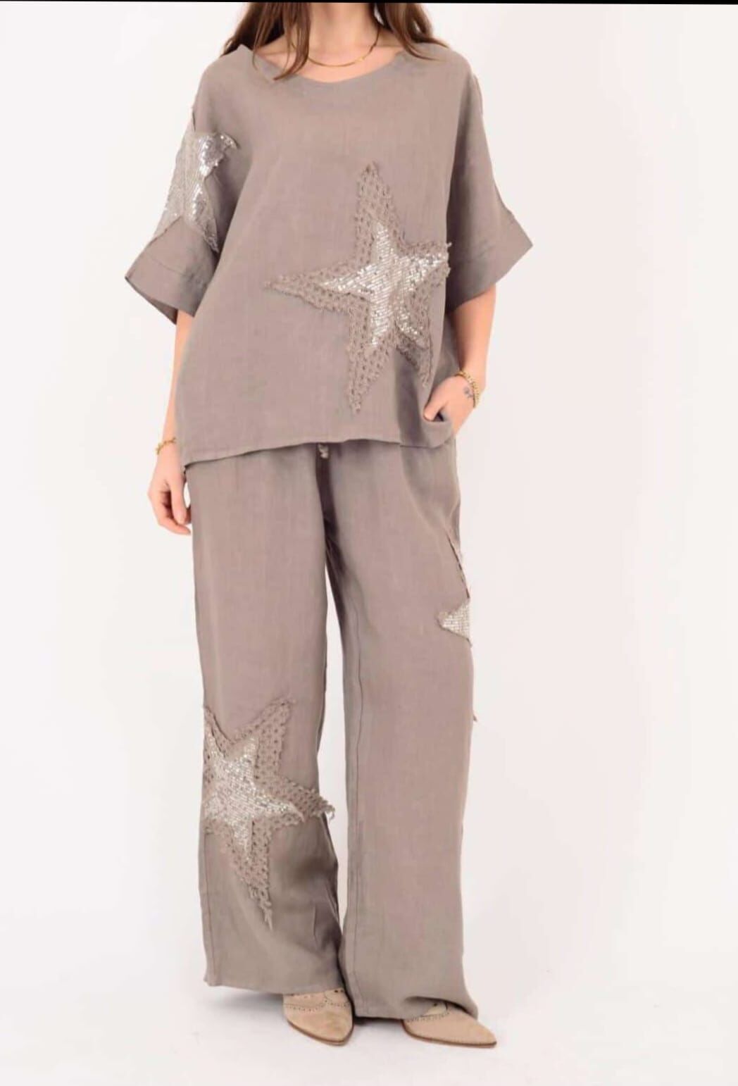 İTHAL KETEN YILDIZ DETAYLI OVERSIZE TAKIM